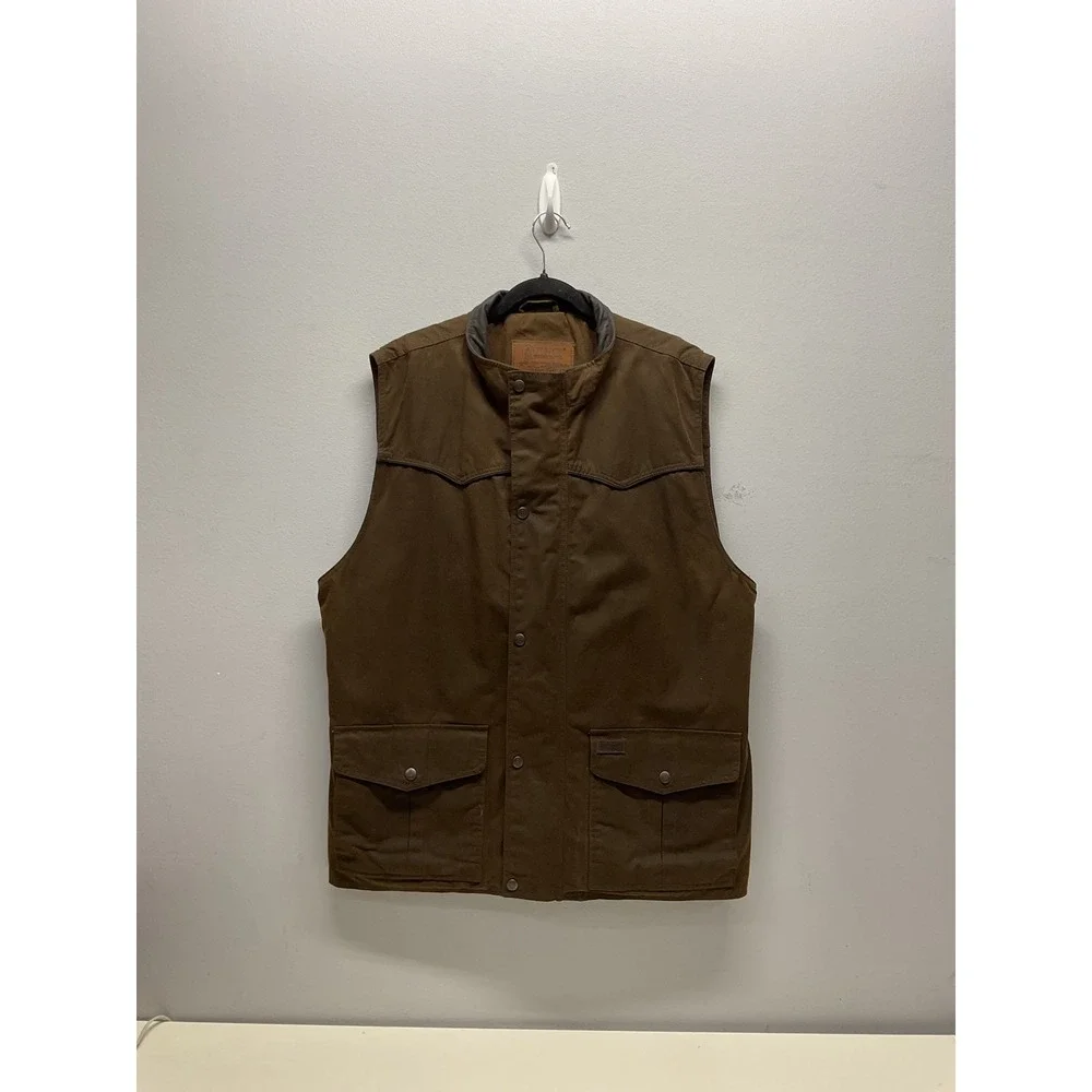 Outback Trading Co Mens Brown Oilskin Western Vest Leather Trim Workwear Large